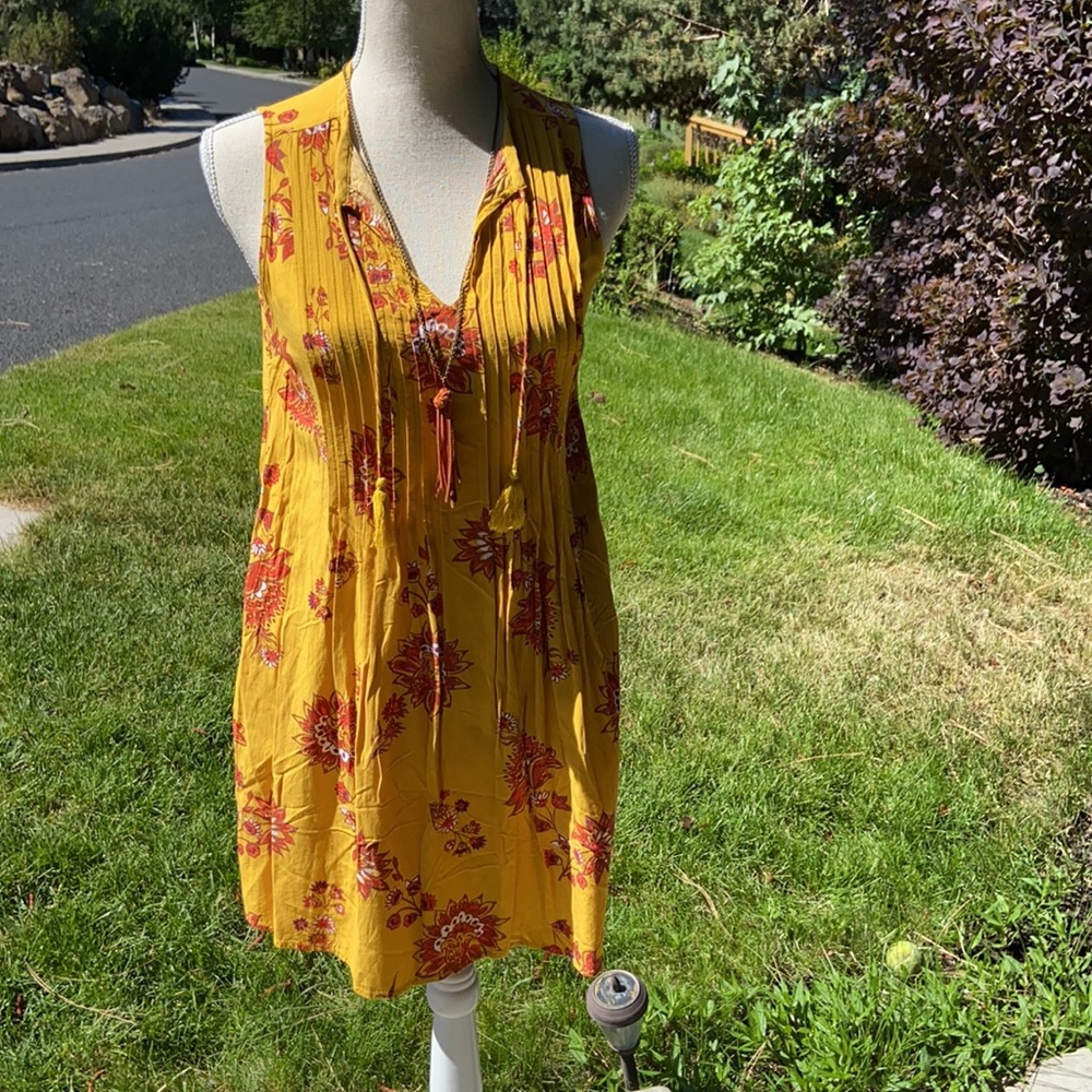 Pin-tuck Pleated Sleeveless Swing Dress Floral Sundress Fringe Tassels Boho